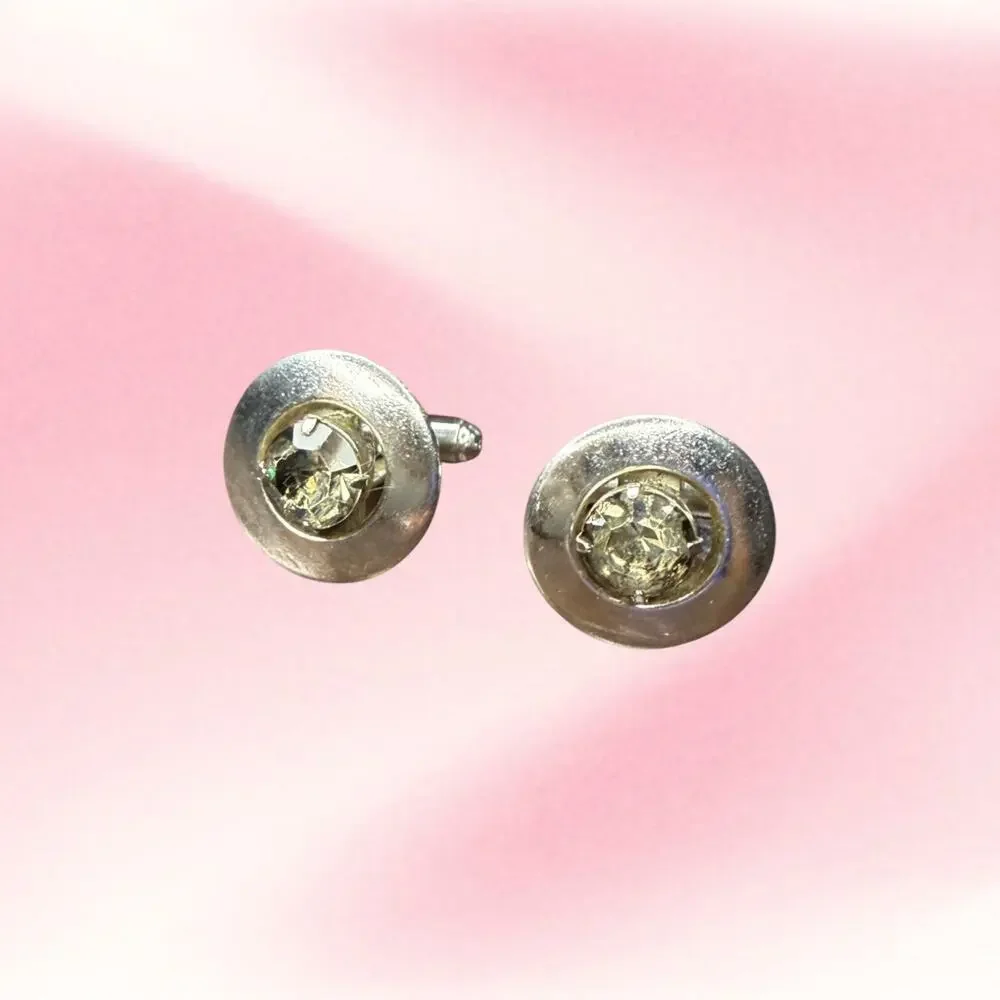 Vintage Shields Round Rhinestone Cufflinks Silver Tone Mid Century